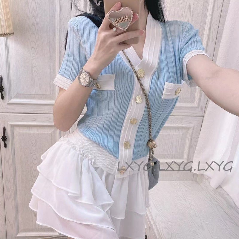 Summer 2021 new light luxury ladies V-neck French small fragrance wind color matching short-sleeved ice silk knitted cardigan top women