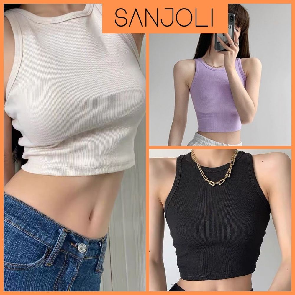 Áo Croptop Sexy SANJOLI Áo Crt 3 Lỗ Thiết Kế Len Gân Phong Cách Âu Mỹ Ôm Body Đẹp Trắng Đen AO013