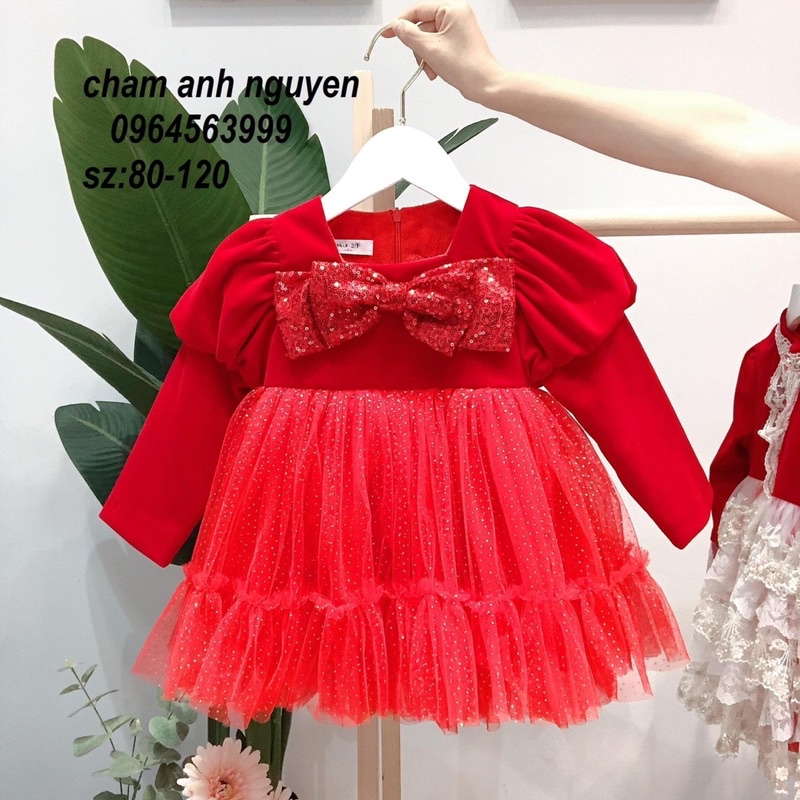 Xả Váy nhung nơ đỏ phối voan cho bé gái