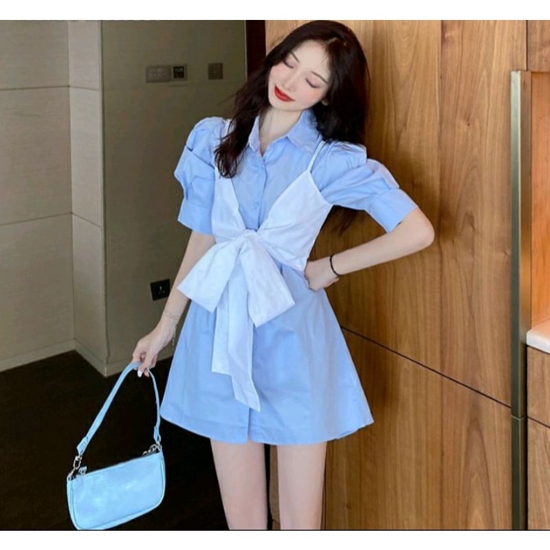 Đầm sơmi tay bồng phối nơ Ullzang