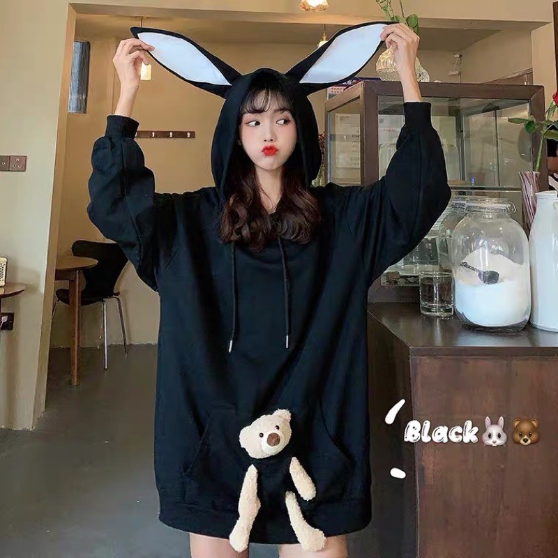Áo hoodie tai thỏ đeo gấu siêu xinh, áo nỉ da cá tai thỏ có đeo gấu cute | BigBuy360 - bigbuy360.vn