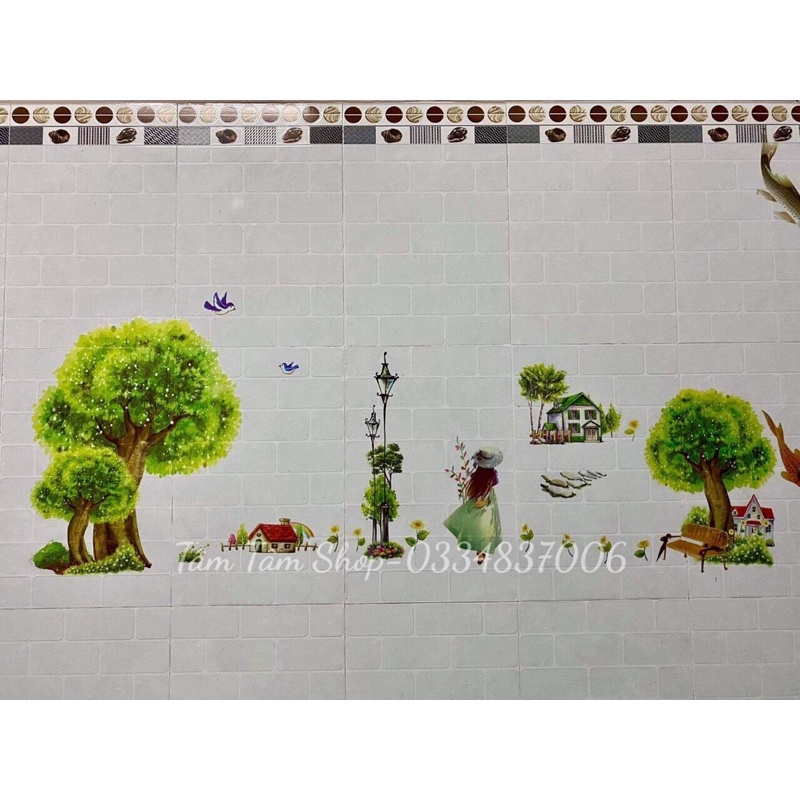 Decal dán tường cây xanh cô gái, sẵn keo dán.
