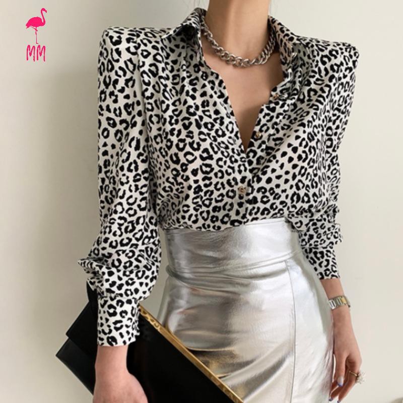 Set Áo Sơ Mi Dài Tay Họa Tiết Da Báo + Chân Váy Ngắn Lưng Cao Thời Trang Hàn Cho Nữ