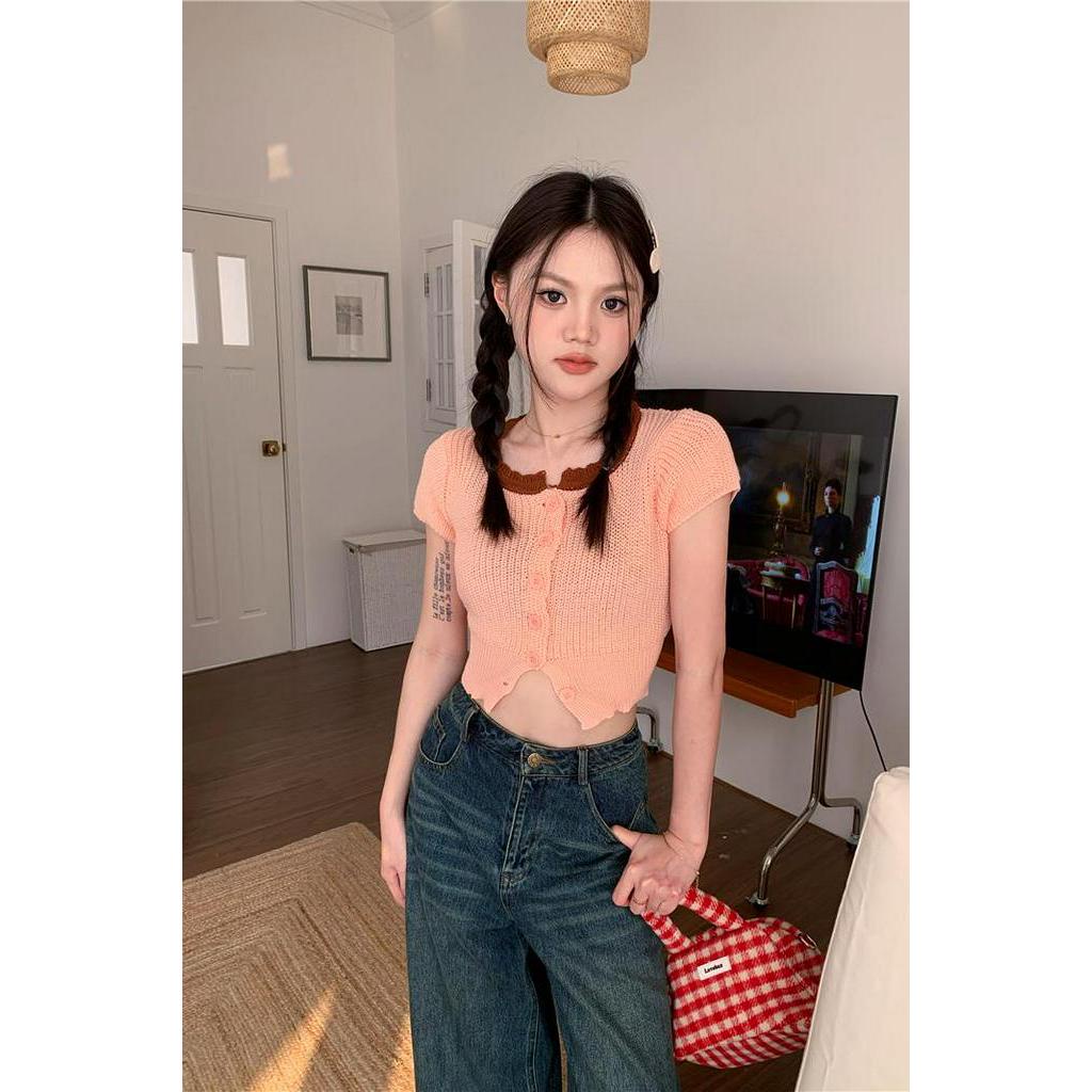 Áo Cardigan Dệt Kim Ngắn Tay Thiết Kế Màu Sắc Tương Phản 61824