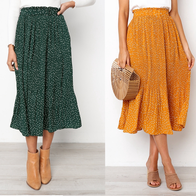 Chân váy maxi eo cao xếp ly chất chiffon họa tiết ngọt ngào thanh lịch