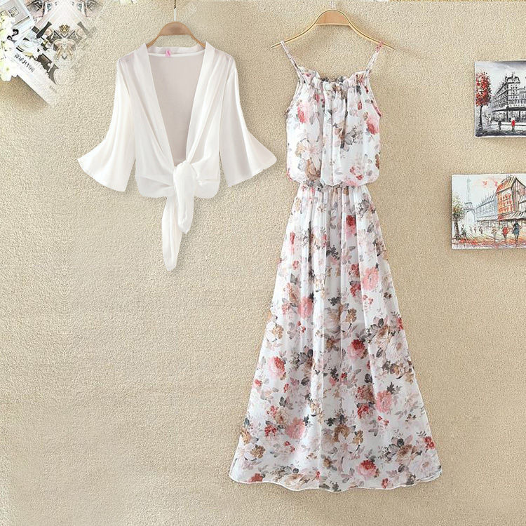 【CoCo】đầm ngắn tay,đầm ngắn tay dáng rộng,đầm dự tiệc - Summer 2020 sweet beach chiffon skirt with long loose skirt bohemian printed flowers women