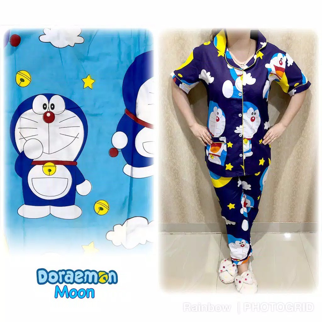 Áo Choàng Ngủ Vải Cotton In Hình Doraemon / Mặt Trăng Phong Cách Nhật Bản Cho Nữ