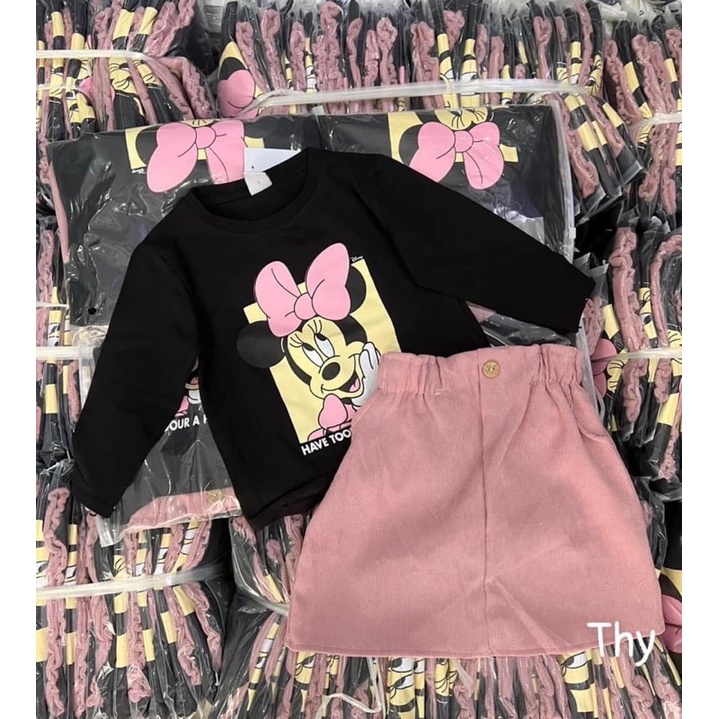 Set áo mickey đen cv nhung hồng cho bé gái