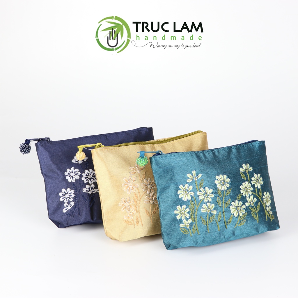 Ví Cầm Tay Túi Đựng Vải Tafta Họa Tiết Hoa Cỏ Kim Tuyến Thêu Tay - Trúc Lâm Handmade