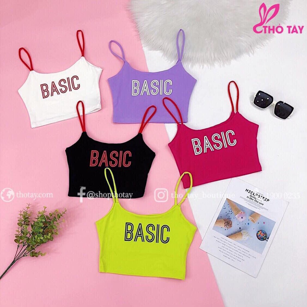 Áo hai dây croptop ôm body chất thun bozip thái siêu mềm mịn co giãn tốt in chữ basic cực xinh