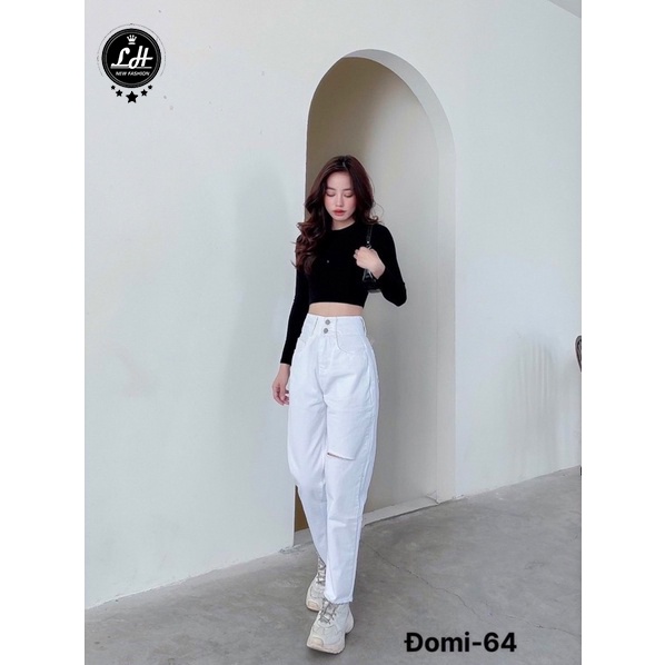 Quần baggy jean màu trắng rách gối Lê Huy fashion Ms 64