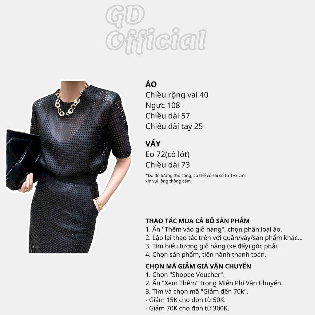 B3|Set bộ nữ cổ tròn lưới rỗng áo sơ mi tay ngắn chất da, váy cạp lưng cao bút chì sang trọng màu đen, be GD Official