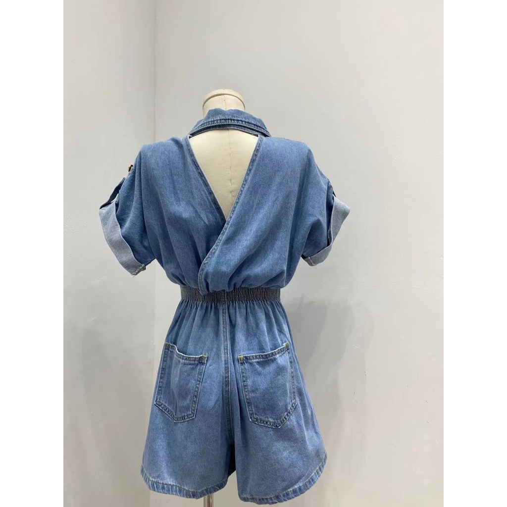 Áo liền quần Denim Hở Lưng Dáng Rộng Phong Cách Hàn Quốc Mới 2021 Dành Cho Nữ