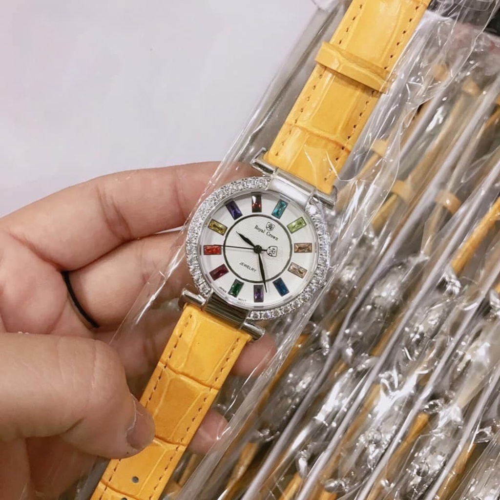 Đồng hồ nữ Royal crown 4640 mặt tròn đính đá dây da cao cấp - Bảo Hành 12 Tháng