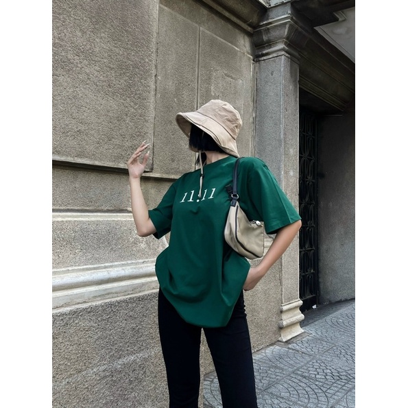 Áo Thun 11:11 Màu Xanh lá và Đen chất liệu 100% Thun Cotton form rộng unisex nam nữ LOLA