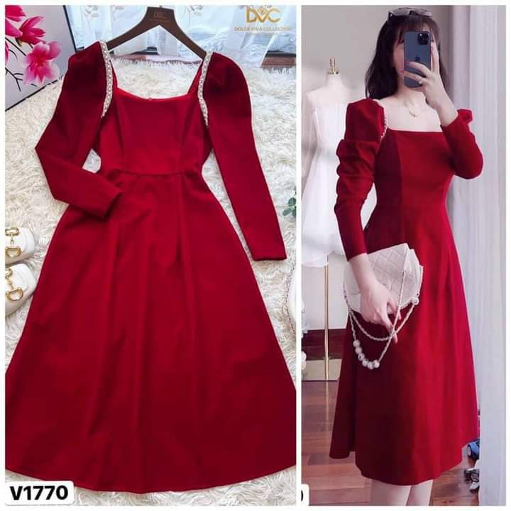 Váy suông body nhung tay phồng 1770 mẹ và váy em bé 1794 váy cặp mẹ con DVC-maidieuhuyen V1770 MH