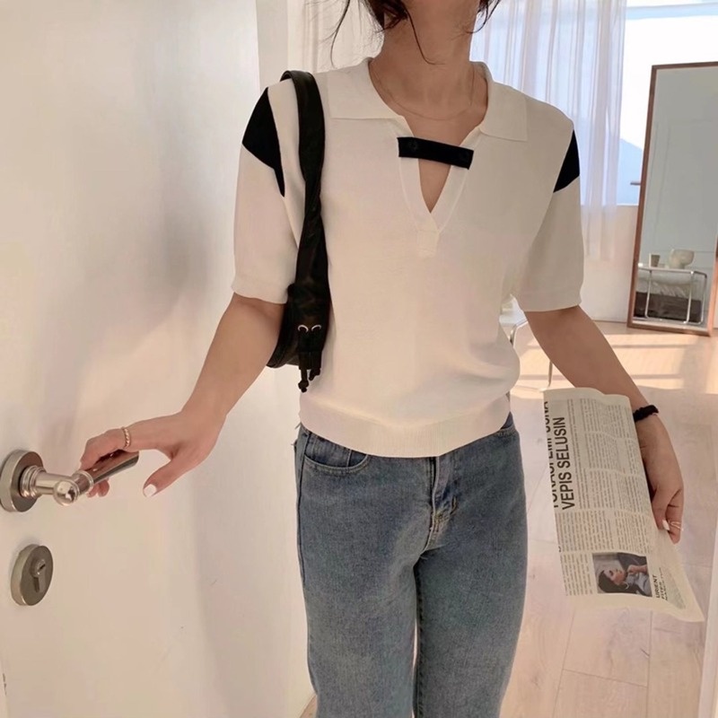 Áo Thun Dệt Kim Tay Ngắn Dáng Rộng Thiết Kế Mới Thời Trang Theo Phong Cách Hàn Quốc