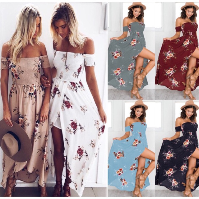 Váy maxi trễ vai nhún eo ngực