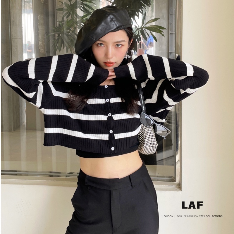 Áo cardigan ZHELIHANGFEI dệt kim kẻ sọc trắng đen lưng cao dáng ôm trẻ trung quyến rũ thời trang cho nữ