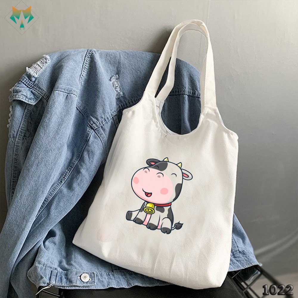 TÚI TOTE TRẮNG CHẤT VẢI CANVAS 1022 485 BÒ SỮA CHUÔNG VÀNG DỄ THƯƠNG HÀNG CHUẨN ĐẸP