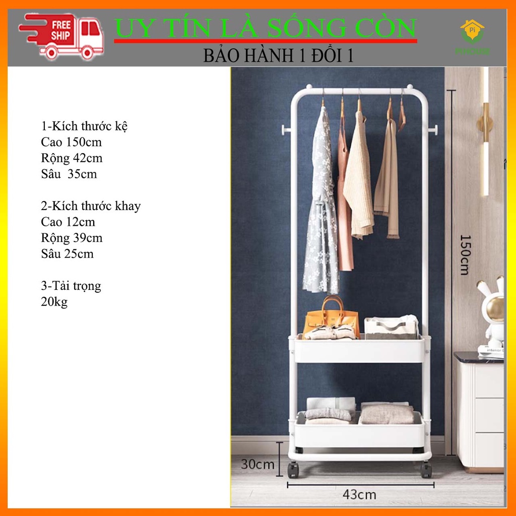 Kệ H Đa Năng Có Bánh Xe 2 Khay Để Đồ Và Có Giá Treo Quần Áo Đi Kèm Tiện Lợi