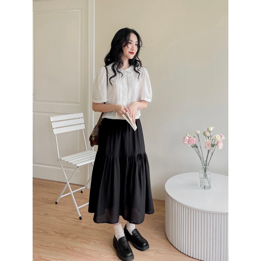 Áo sơ mi ngắn tay croptop nữ dáng cổ sen MADELEN