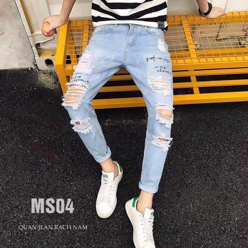 Quần Baggy Nam,Quần Jean Nam Dày.( xanh y hình ) Wash Rách In Chữ,Mặc Kèm Với Áo Thun