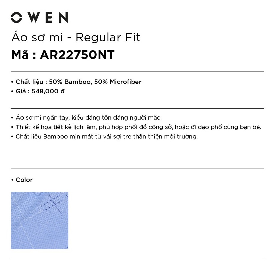Áo Sơ Mi Nam Tay Ngắn Owen AR22750NT Kiểu Dáng Regular Fit Nâu Sợi Tre Màu Xanh In Họa Tiết