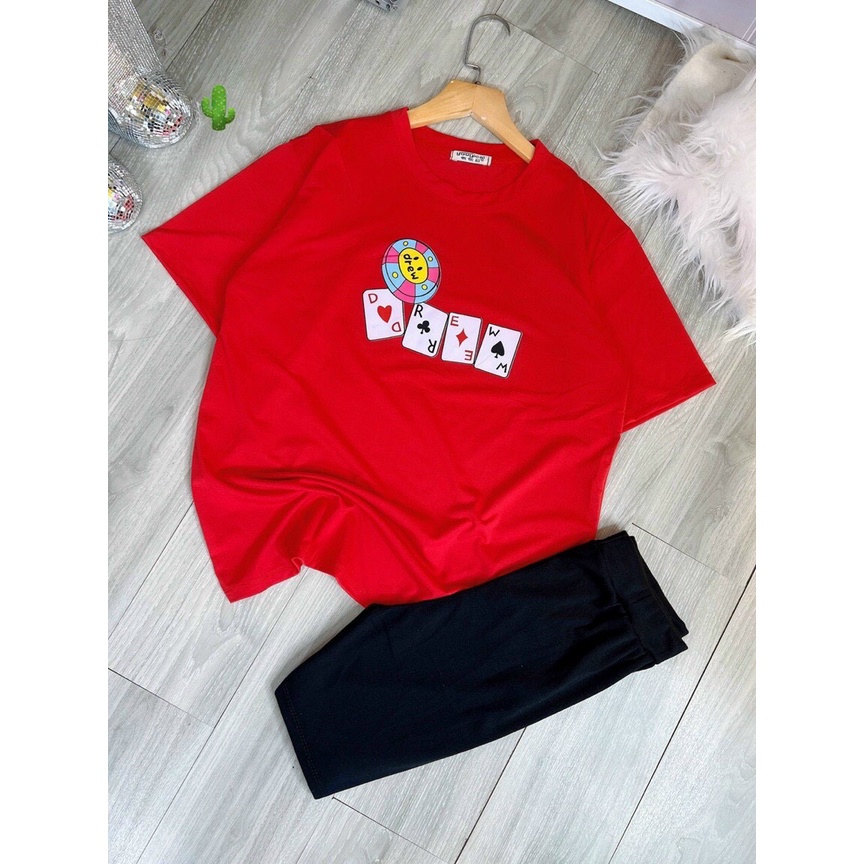 set áo thun in hình ở ngực mix quần ngố legging pc