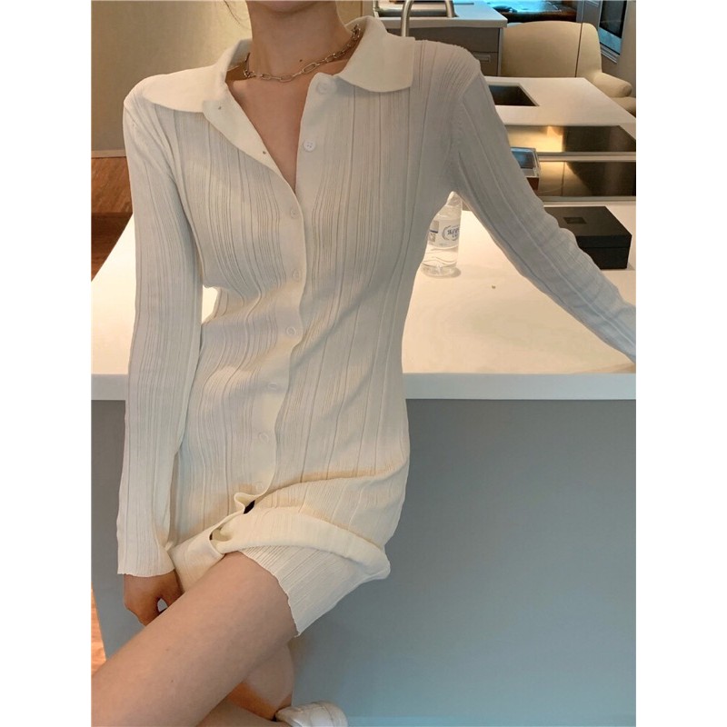 Váy body nữ, Đầm sơ mi polo 💋 tay dài💋 màu trắng dệt kim phong cách Hàn Quốc