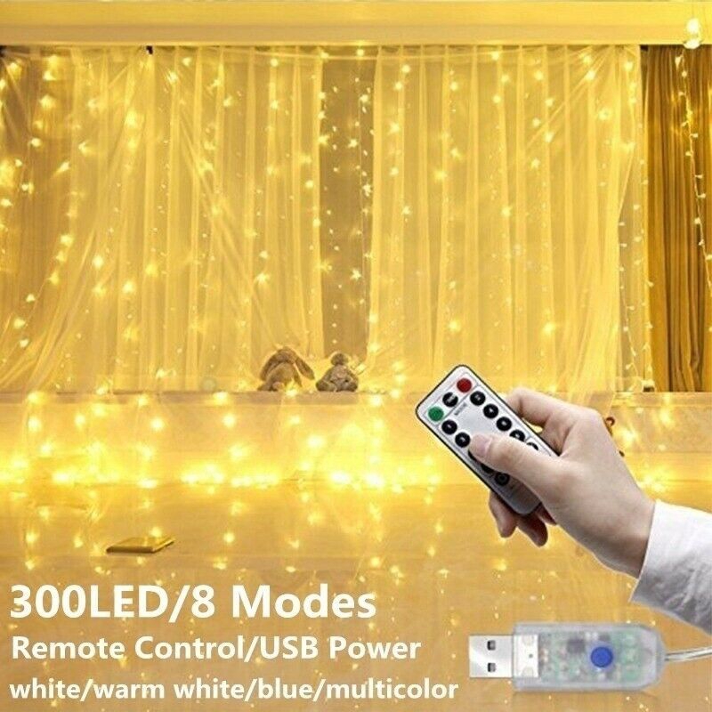 Dây đèn LED 300 bóng điều khiển từ xa sạc USB trang trí cho rèm cửa dịp giáng sinh kích thước 3Mx3M