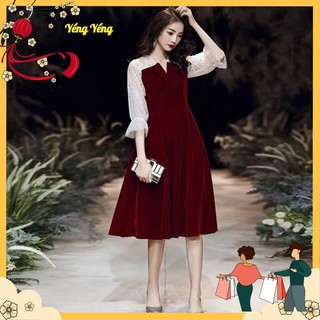 VNU31 - VÁY NHUNG ĐỎ CỔ V TAY VOAN CHẤM BI