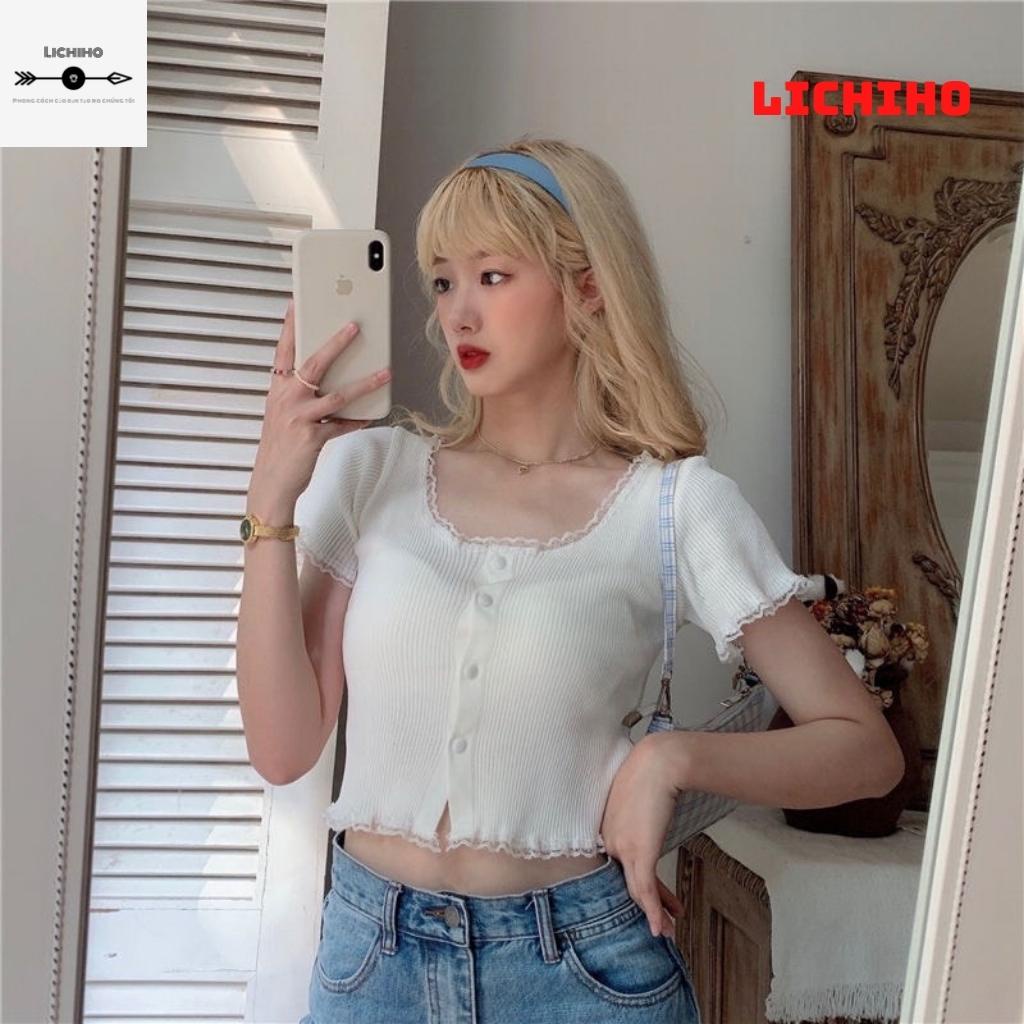 Áo croptop tay ngắn cổ vuông viền ren CT05 LICHHO ôm body gợi cảm quyến rủ co giản tốt | BigBuy360 - bigbuy360.vn