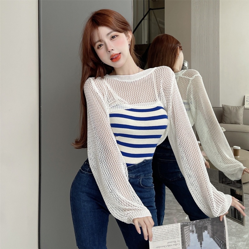 Set Áo Lửng Dài Tay Họa Tiết Kẻ Sọc + Quần Dài Thời Trang Dành Cho Nữ