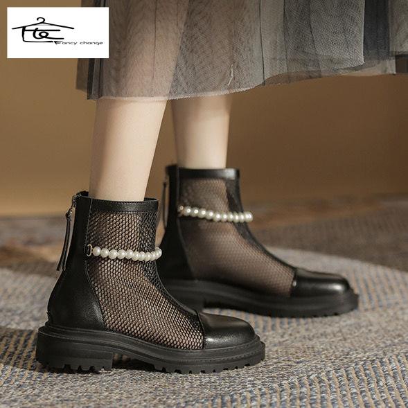 Giày Bốt Martin Bằng Da Bò Phối Lưới Đính Ngọc Trai Thời Trang Xuân Hè 2022 Cho Nữ