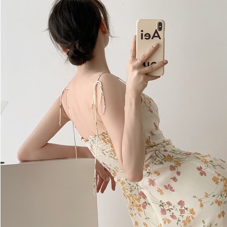 Đầm voan hai dây dáng dài xẻ tà in họa tiết hoa phong cách thời trang Pháp quyến rũ thanh lịch dành cho nữ