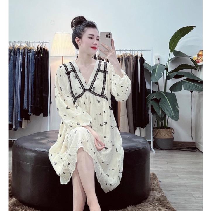 Đầm bầu Hoa Nhí Phối Viền Ren- Váy bầu Dáng Babydoll tay dài
