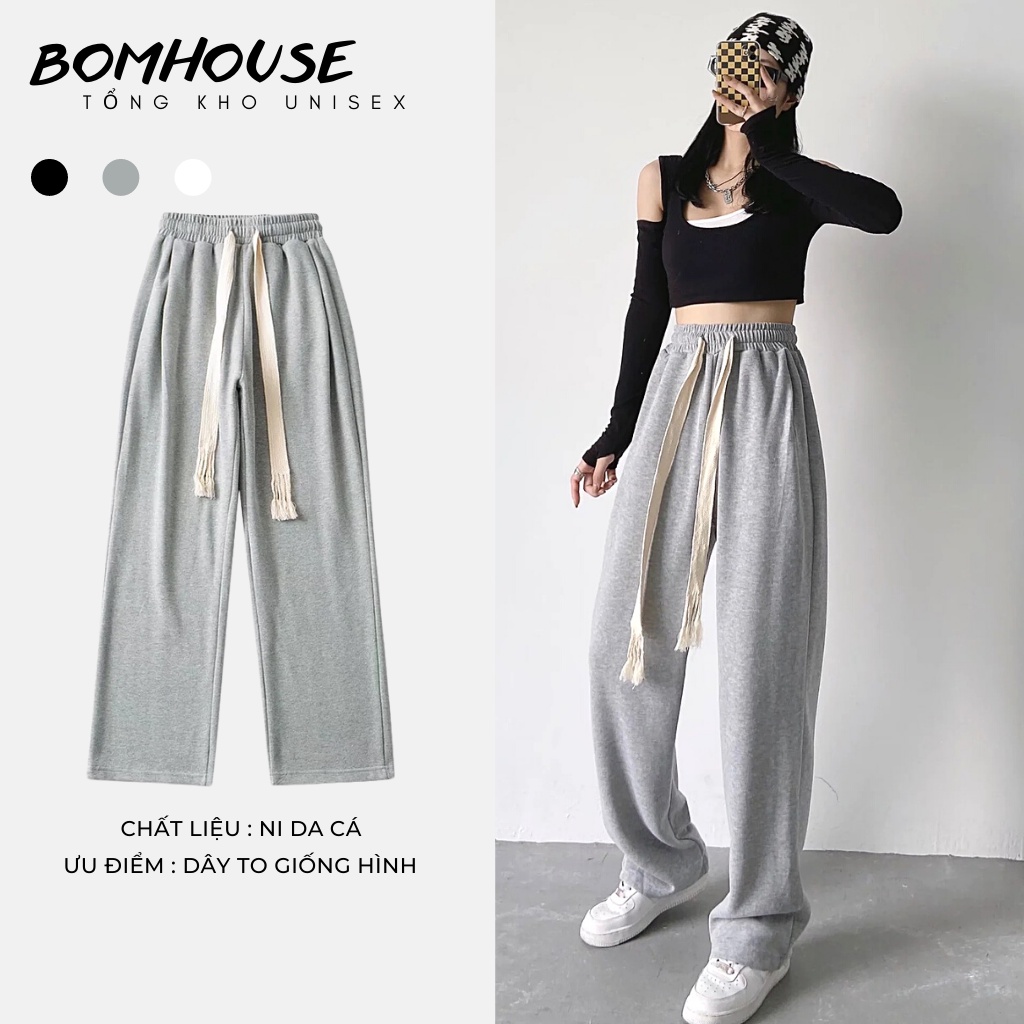 Quần Ống Rộng Suông Nữ BOM HOUSE Phối Dây Trendy Ullzang Unisex Nam Nữ