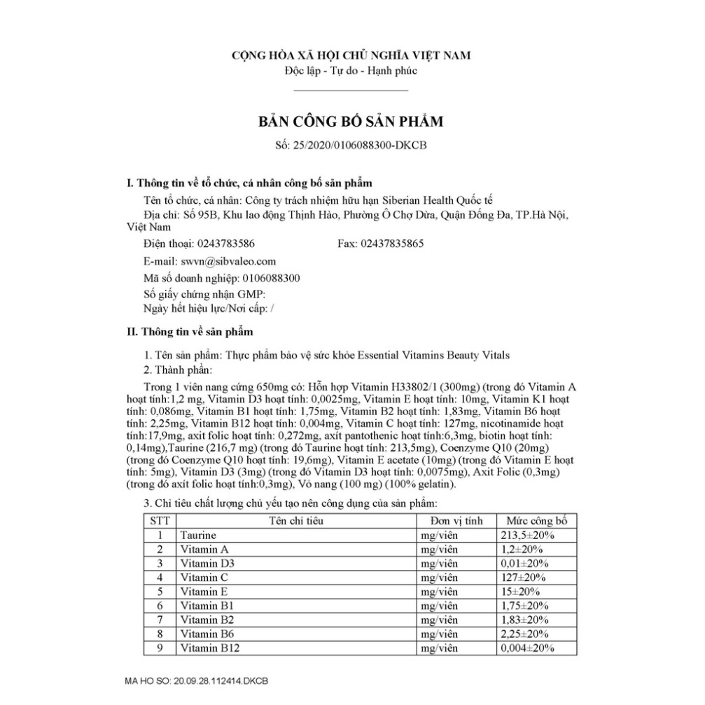 Thực phẩm bảo vệ sức khỏe Essential Vitamins 3 - Vitamin Beauty Vitals Siberian– 30 viên/lọ