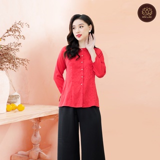 Bộ Áo bà ba cổ tròn kèm quần vải gấm hoa văn không phai màu không nhăn xù