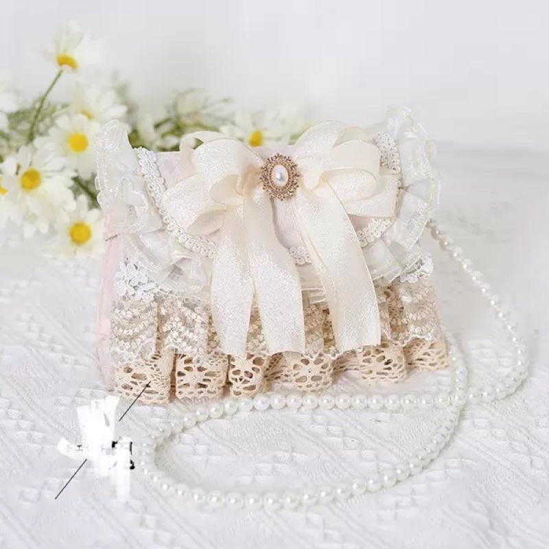 YASAS0051-Túi xách đeo vai màu be cổ tích ngọt ngào nơ ren