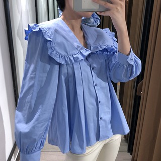 Áo kiểu Zara xuất dư cổ sen màu xanh vải cotton