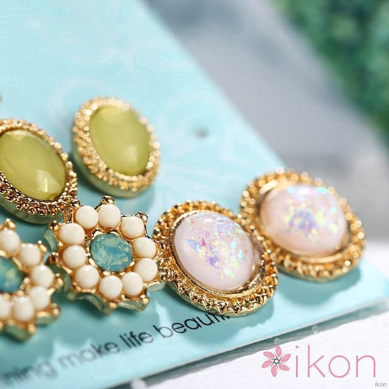 Bộ 6 đôi bông tai hợp kim nhiều kiểu dáng đính đá nhiều màu