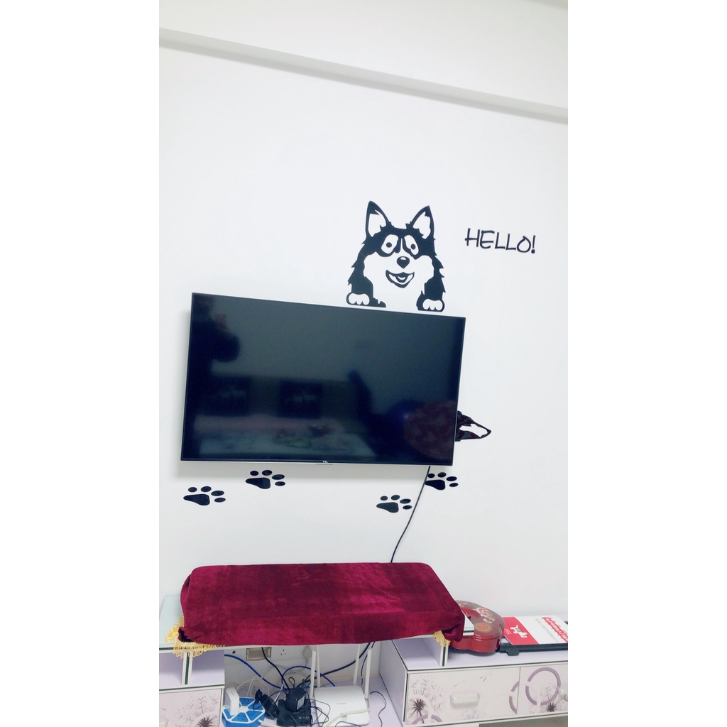 Tranh dán tường mica 3d decor khổ lớn hoạt hình chú chó peekaboo phong cách bắc âu Nhiều Size - EPeBen