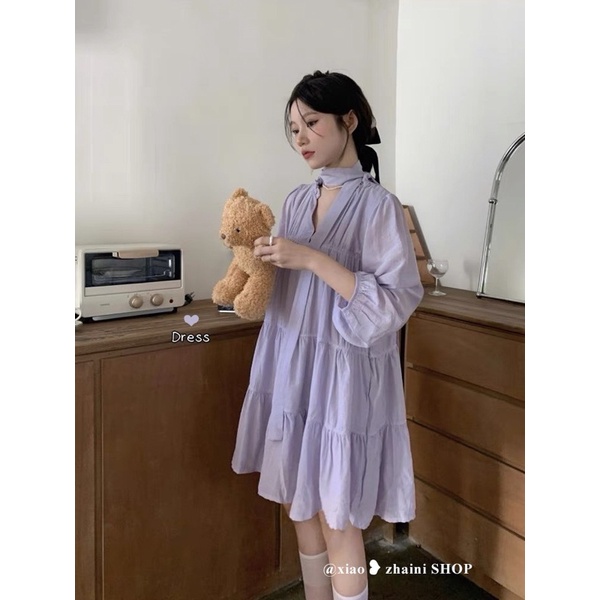 Váy Tơ Nhăn Kèm Đai Tay Dài Dáng Babydoll 4 Màu Siêu Xinh Có Ảnh Thật