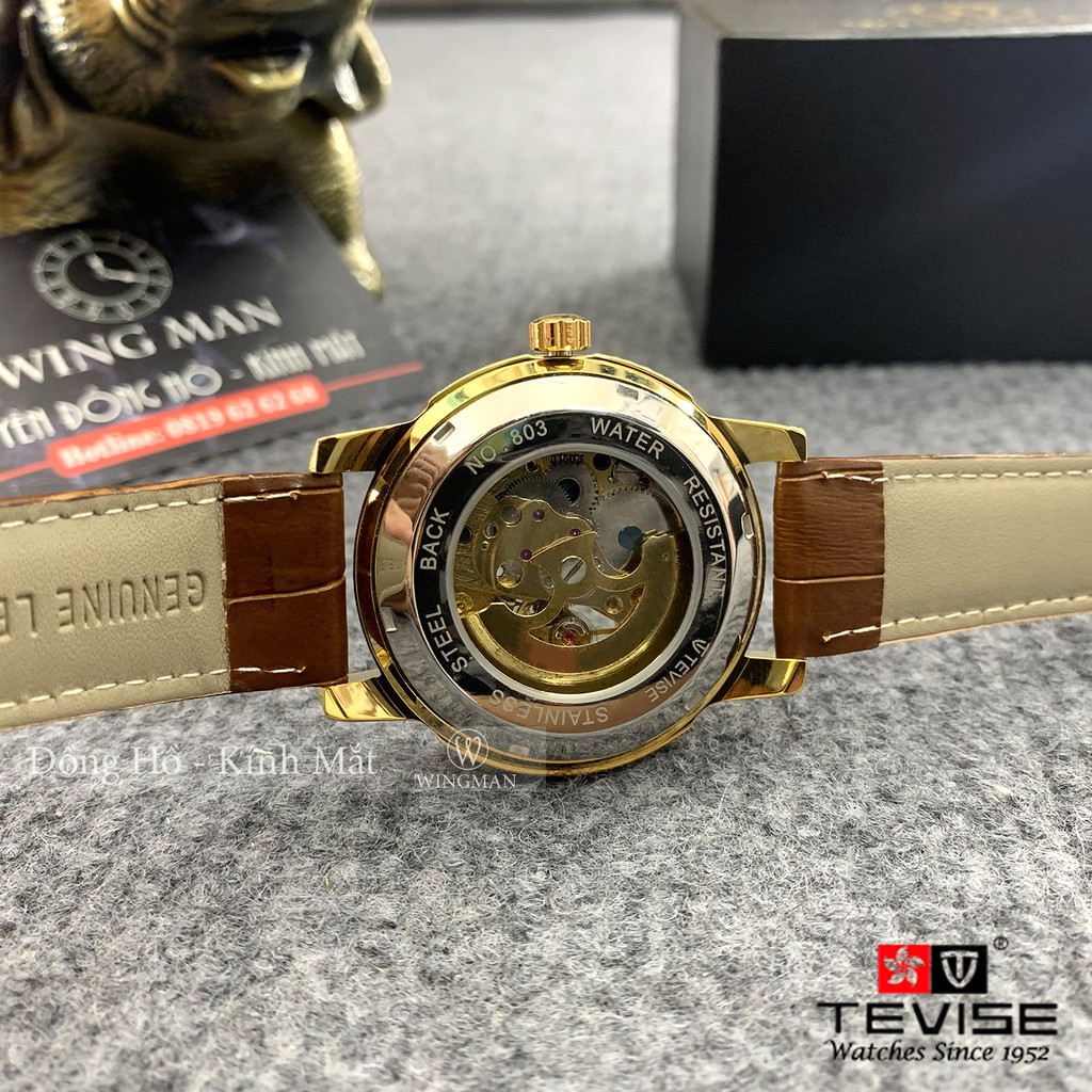 Đồng hồ cơ nam dây da cao cấp Tevise T820A-2 full box, mặt kính sapphire chống xước, chống nước, bảo hành 03 năm