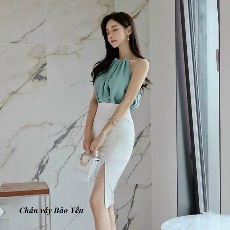 Chân váy bút chì trắng xẻ đùi 2 lớp tới gối( sẵn size)-M78