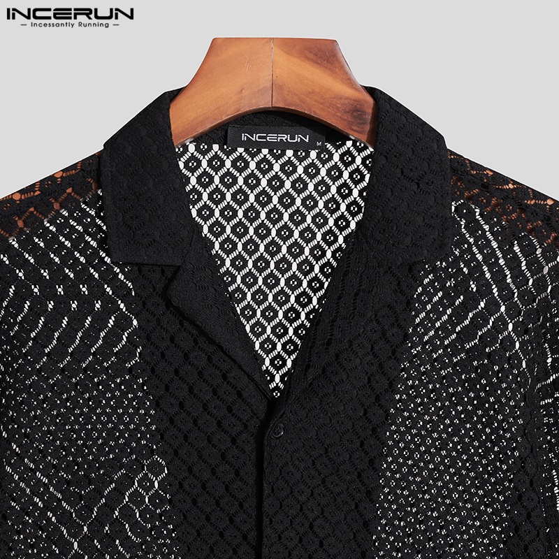 Áo sơ mi Incerun tay ngắn dáng rộng xuyên thấu cài nút kiểu Nhật Bản cá tính cho nam