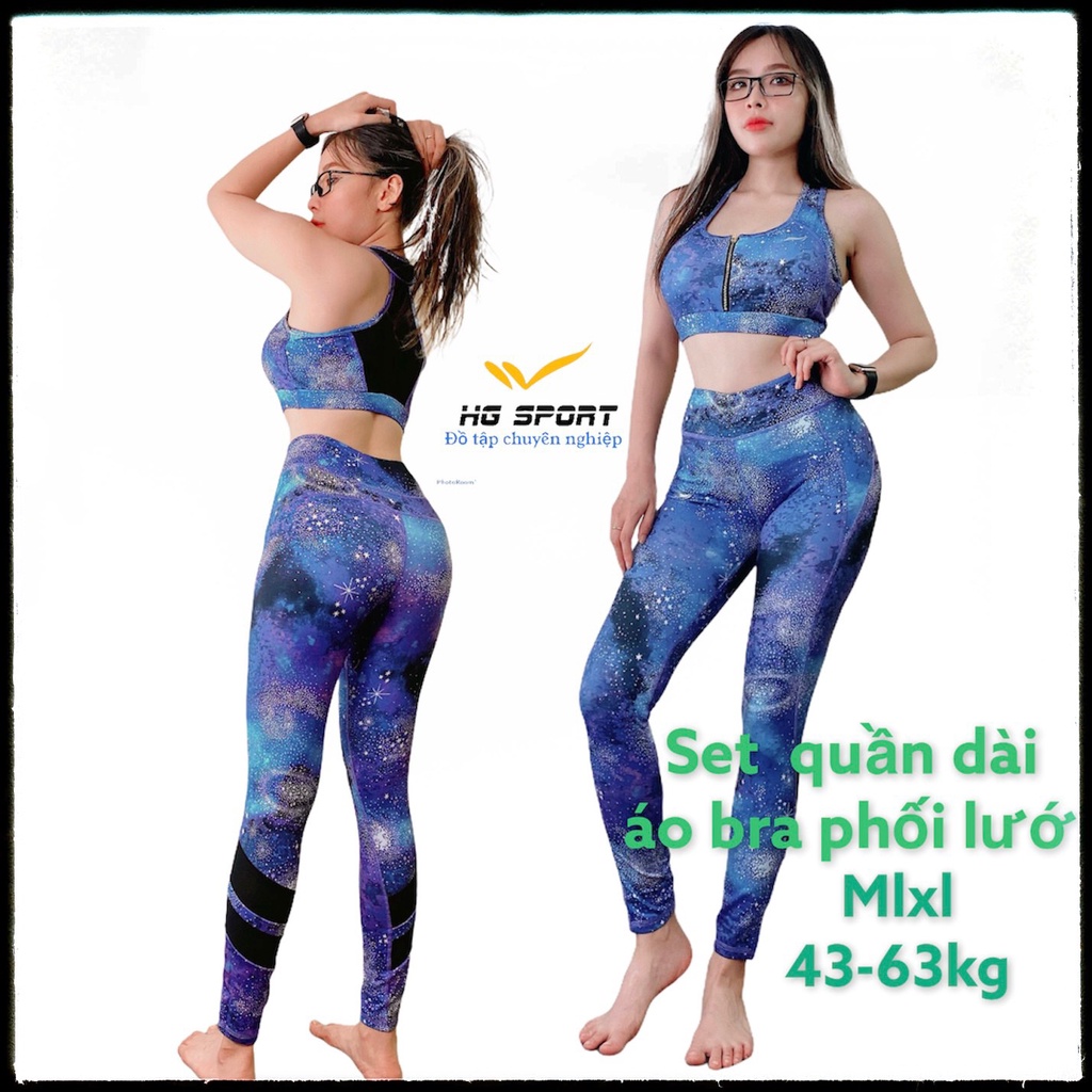 Bộ tập Gym, Yoga, Zumba, Aerobic nữ,quần dài áo bra  set kéo khoá phối lưới cao cấp Hg Sport SDBR05