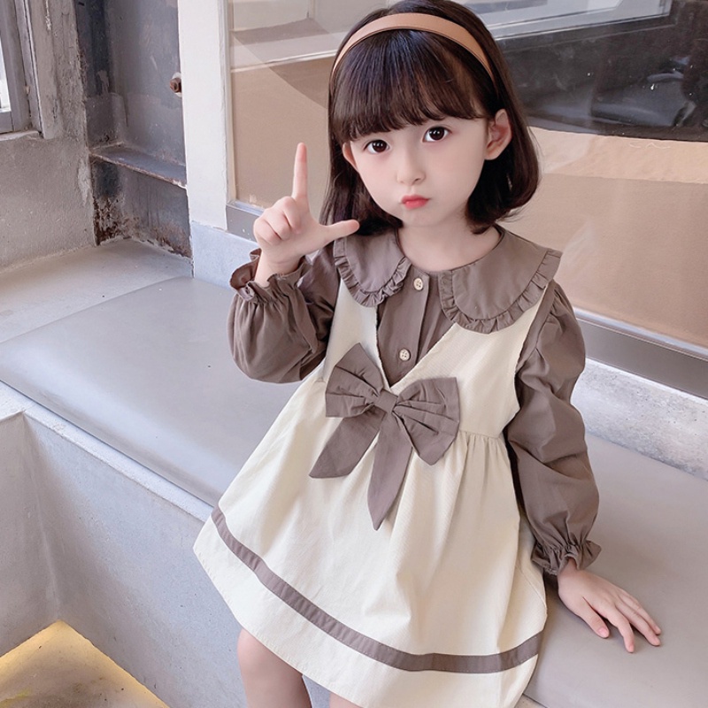 Set áo sơ mi tay dài thắt nơ + đầm yếm xinh xắn cho bé gái